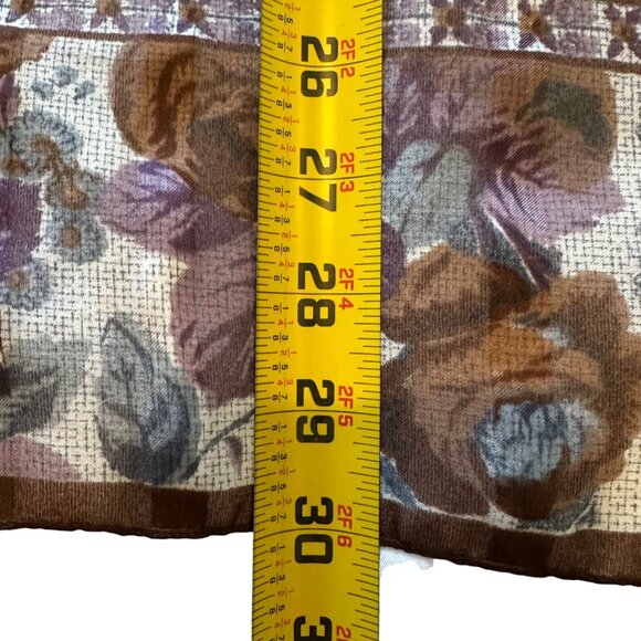 Floral Sheer Square Scarf Brown Purple Lightweight Polyester Vintage Design - Picture 8 of 9